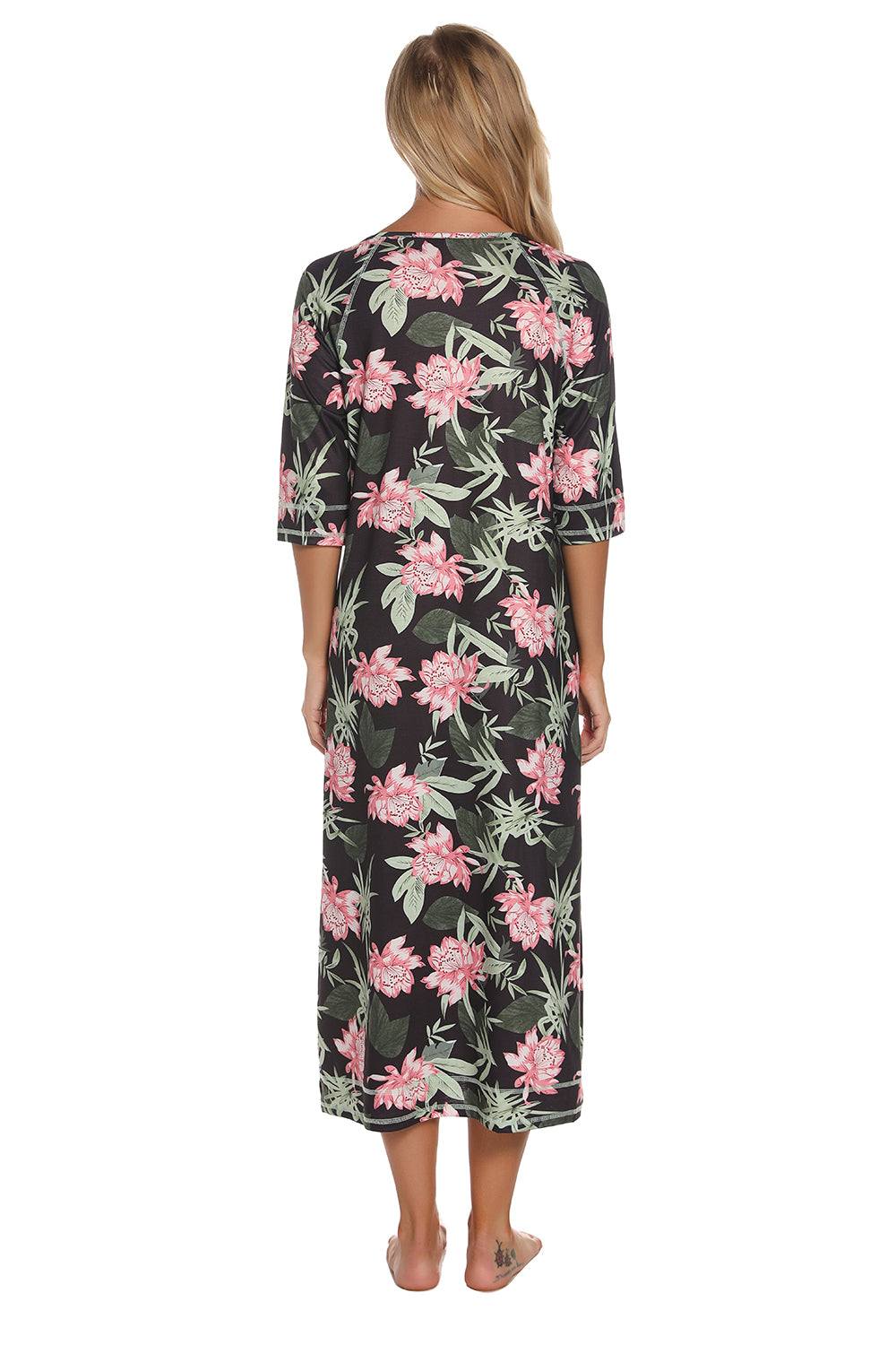Printed slit night dress with floral design and pockets.
