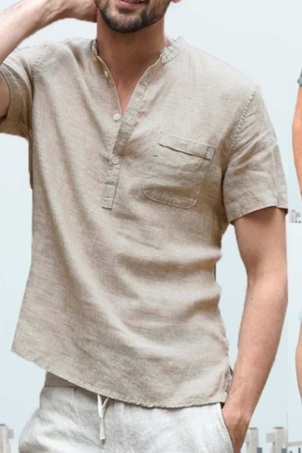 Men's full size half button short sleeve polo in beige, plus size, polyester and flax blend.