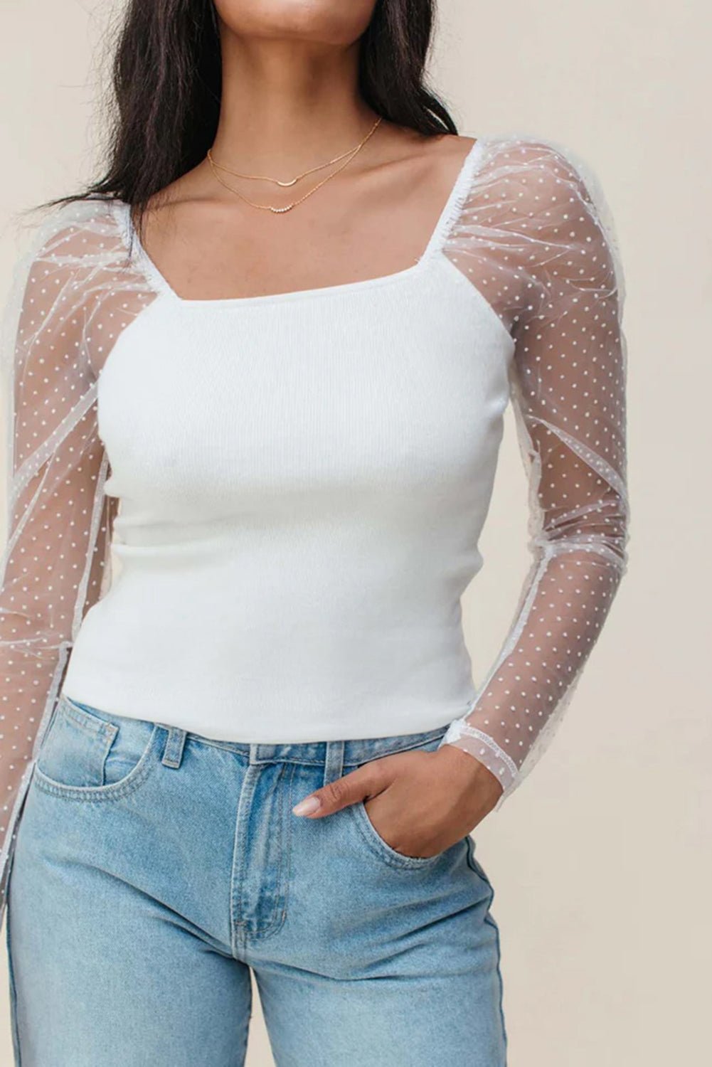 White Swiss Dot Mesh long sleeve slim top with square neck and sheer polka dot sleeves