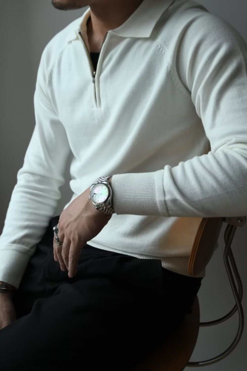 Men's plus size white quarter zip raglan sleeve polo.