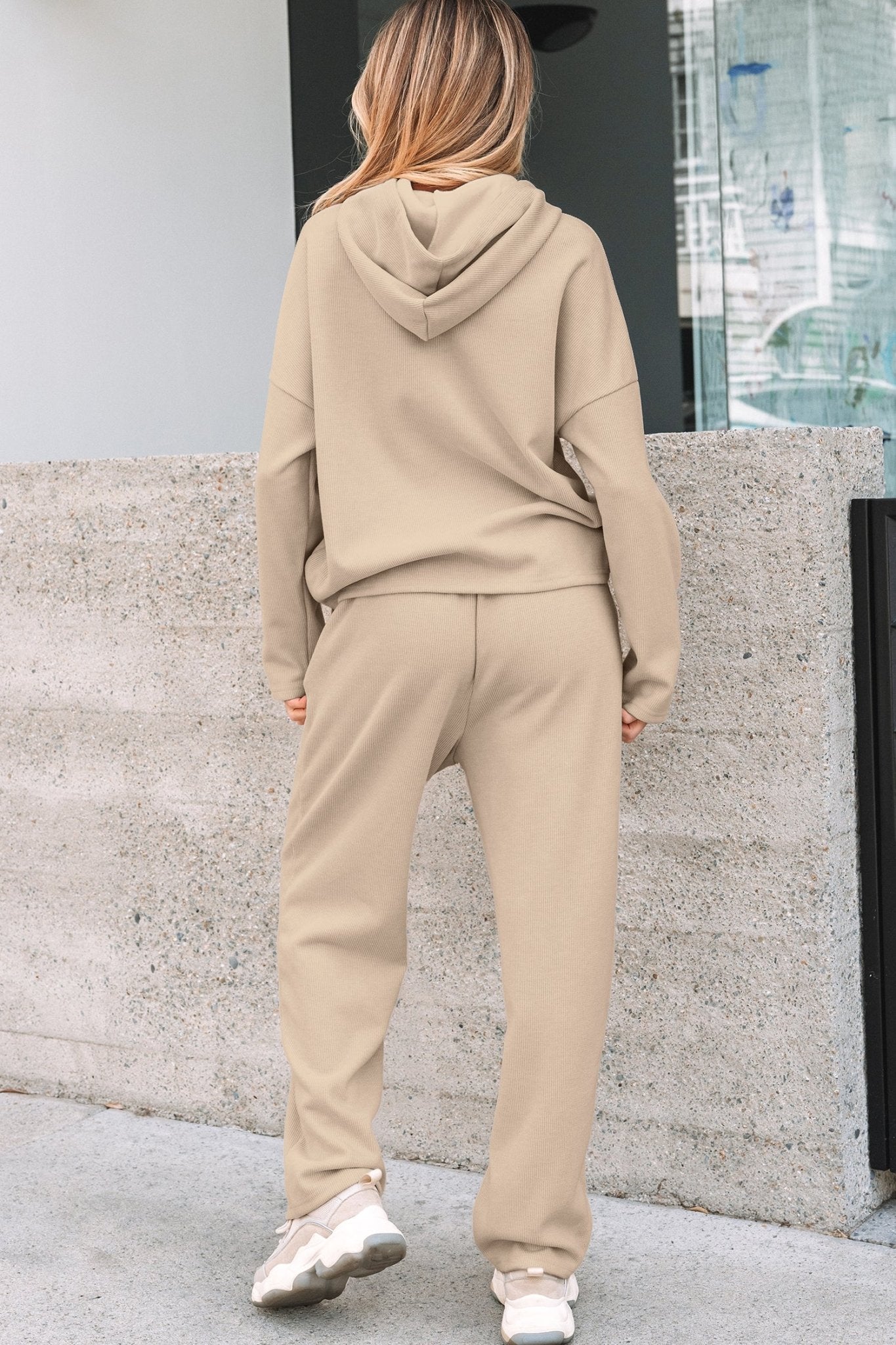 Jet Stream Lace Drawstring Pullover Hoodie and High Waist Pants Corduroy Suit