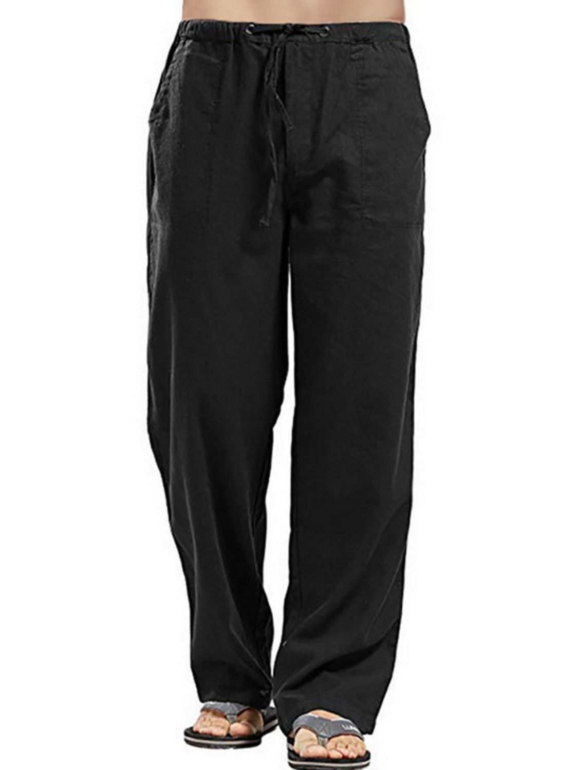 Men's full size drawstring straight leg pants in black.