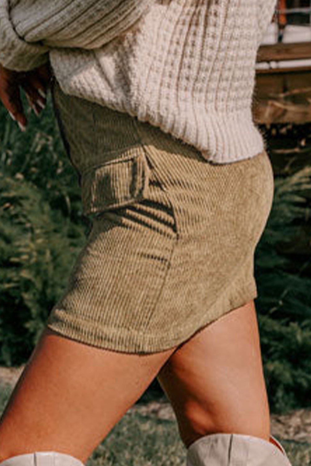 Camel Corduroy Buttoned Front Faux Pockets Mini Skirt