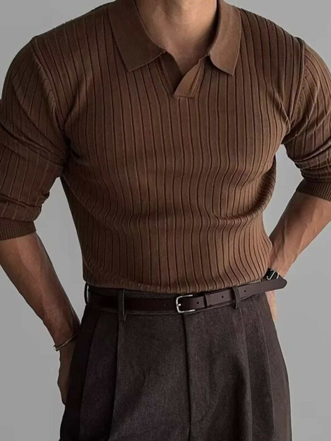 Men's plus size collared neck long sleeve polo in brown with ribbed texture.