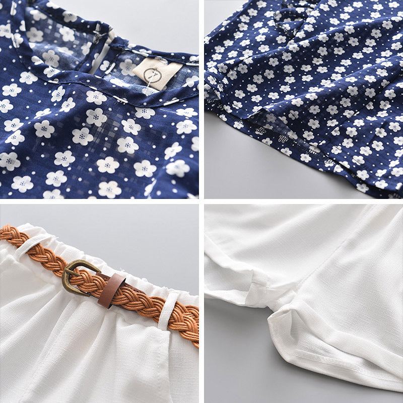 Girls Floral Sleeveless T-shirt And Shorts Refreshing Suit Pants Free Belt