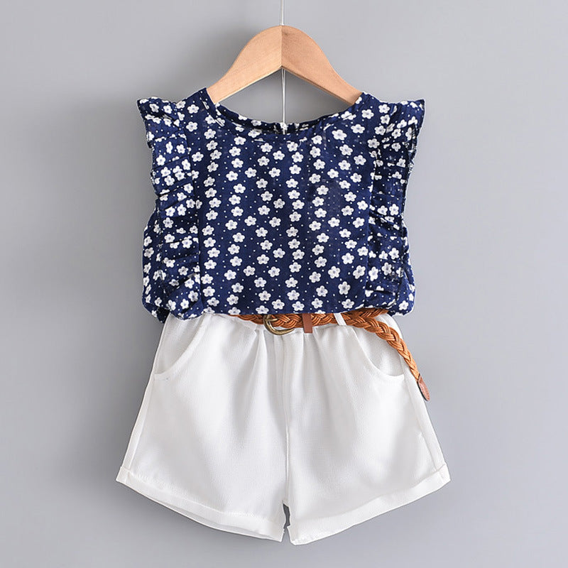 Girls Floral Sleeveless T-shirt And Shorts Refreshing Suit Pants Free Belt