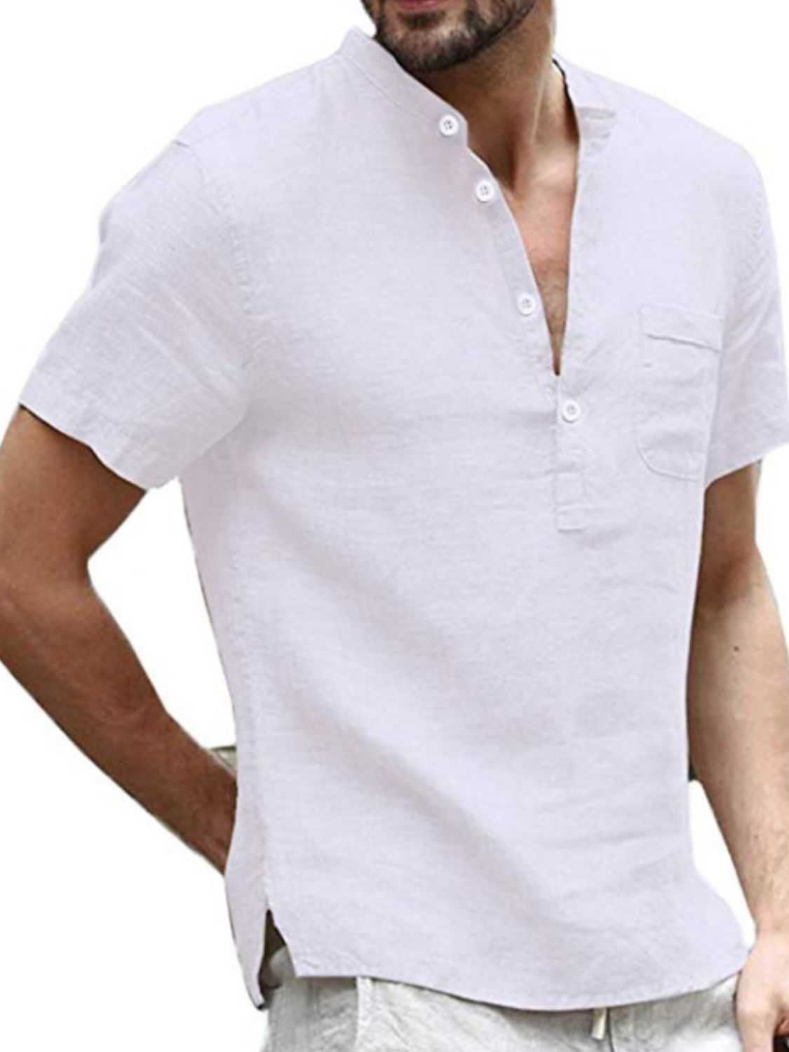 Men's full size white short sleeve half button polo shirt.