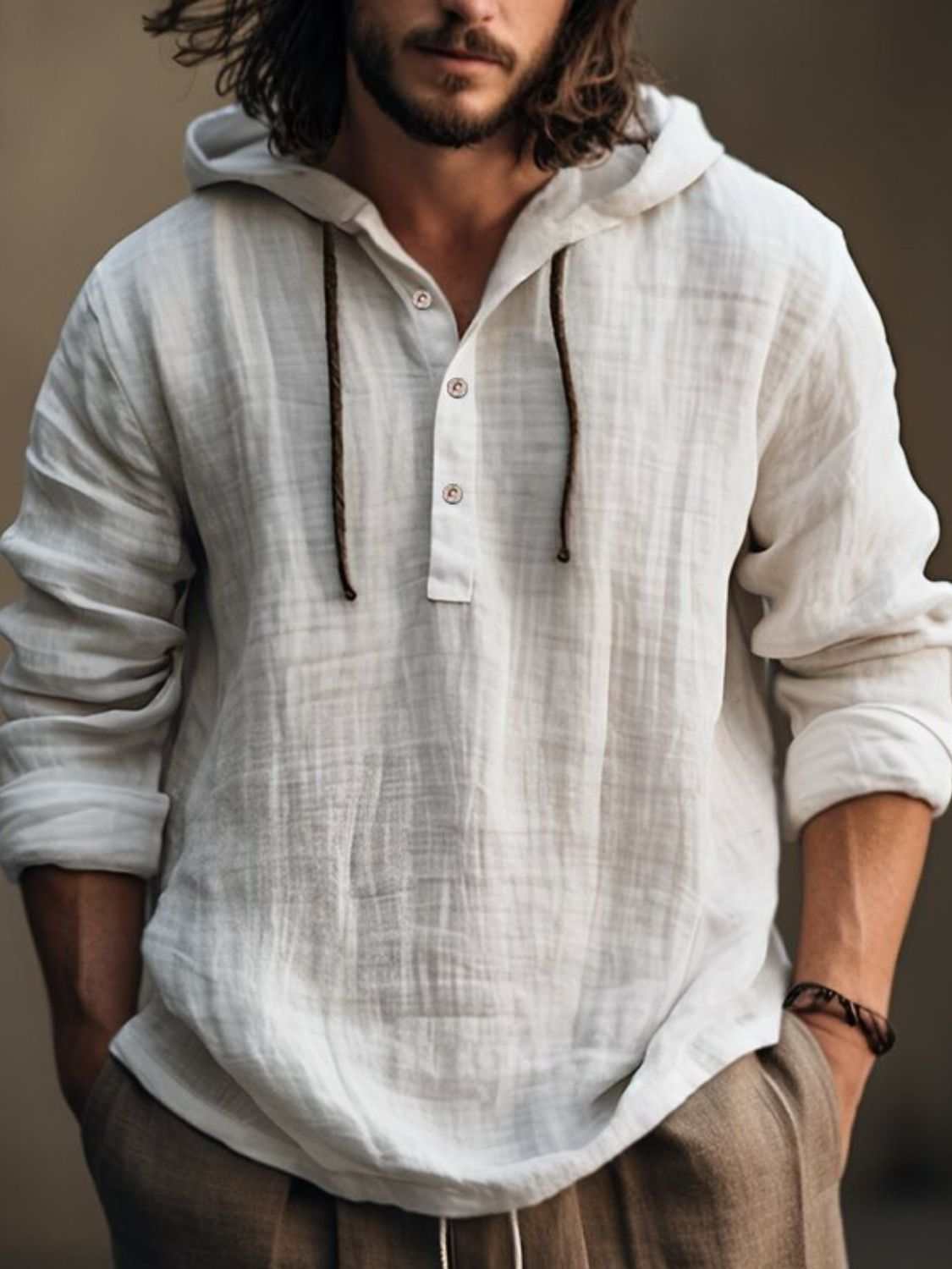 Men's full size half button long sleeve cotton hoodie, basic style.