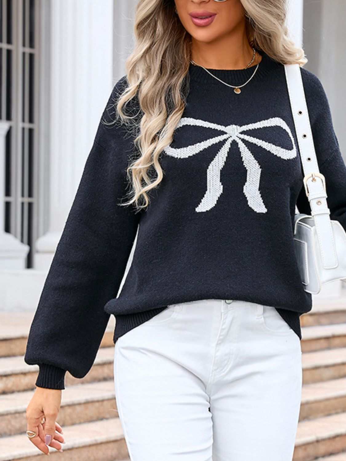 Angel Wings Bow Graphic Round Neck Long Sleeve Sweater in black, featuring moderate stretch and acrylic-polyester blend.