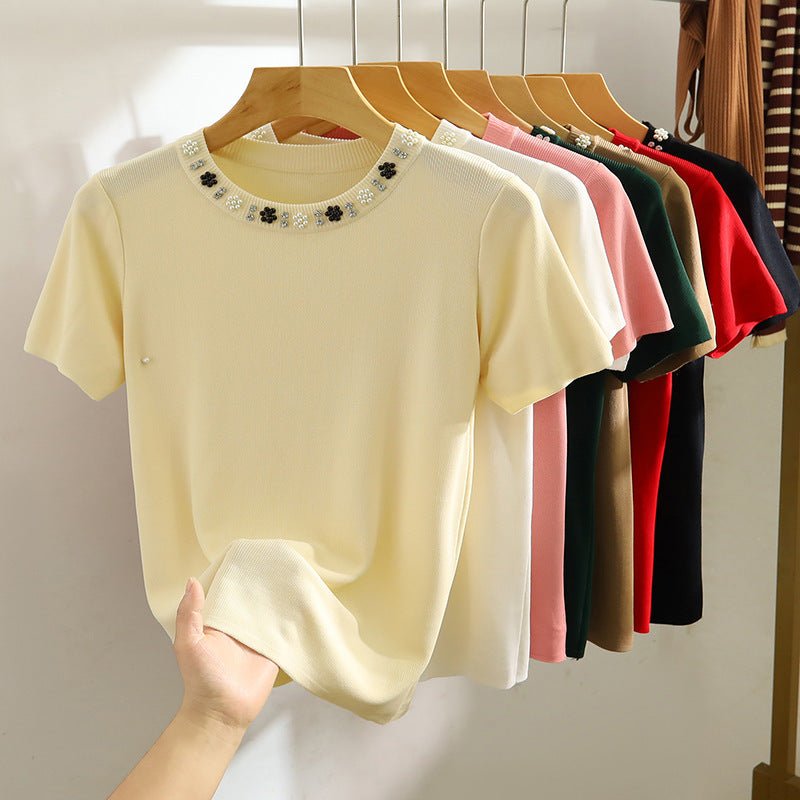 Round Neck Heavy Industry Ice Silk Short Sleeve T-shirt Female Spring And Summer Elegant Knitwear