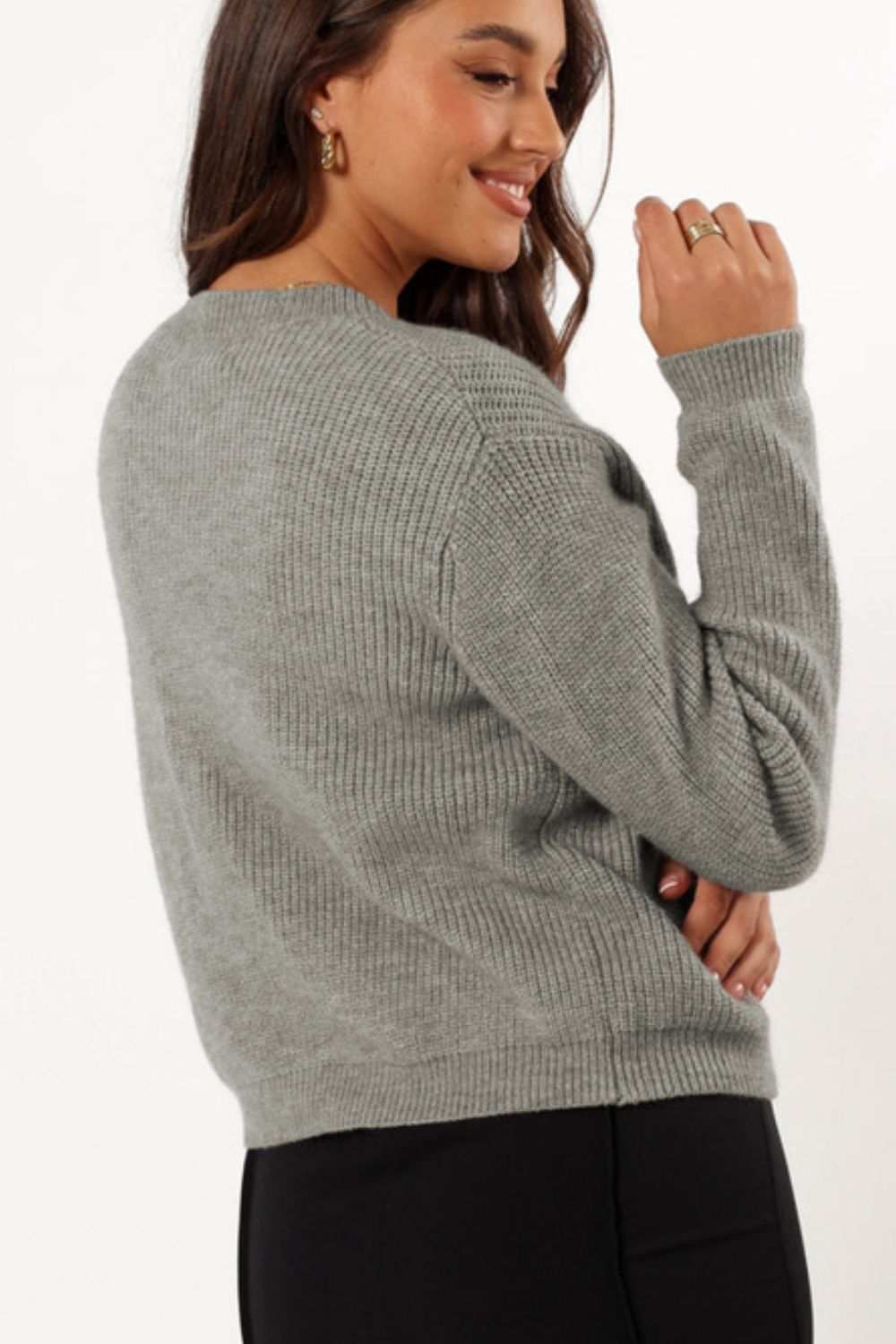 Bow Round Neck Long Sleeve Cardigan in gray, seen from the back, featuring slightly stretchy material.