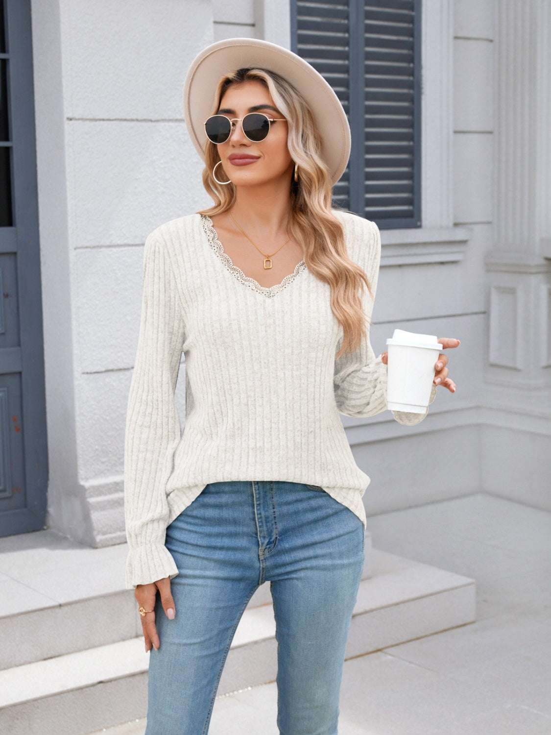 Lace Detail V-Neck Long Sleeve T-Shirt in cream, featuring ruffled lace design.