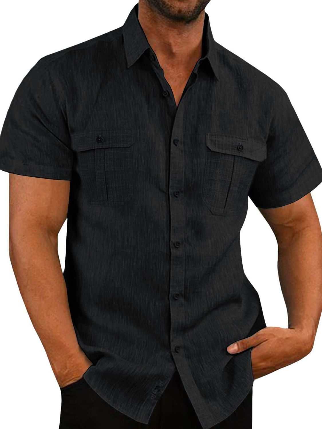 Men's plus size collared neck short sleeve black shirt with pockets and button-up design.