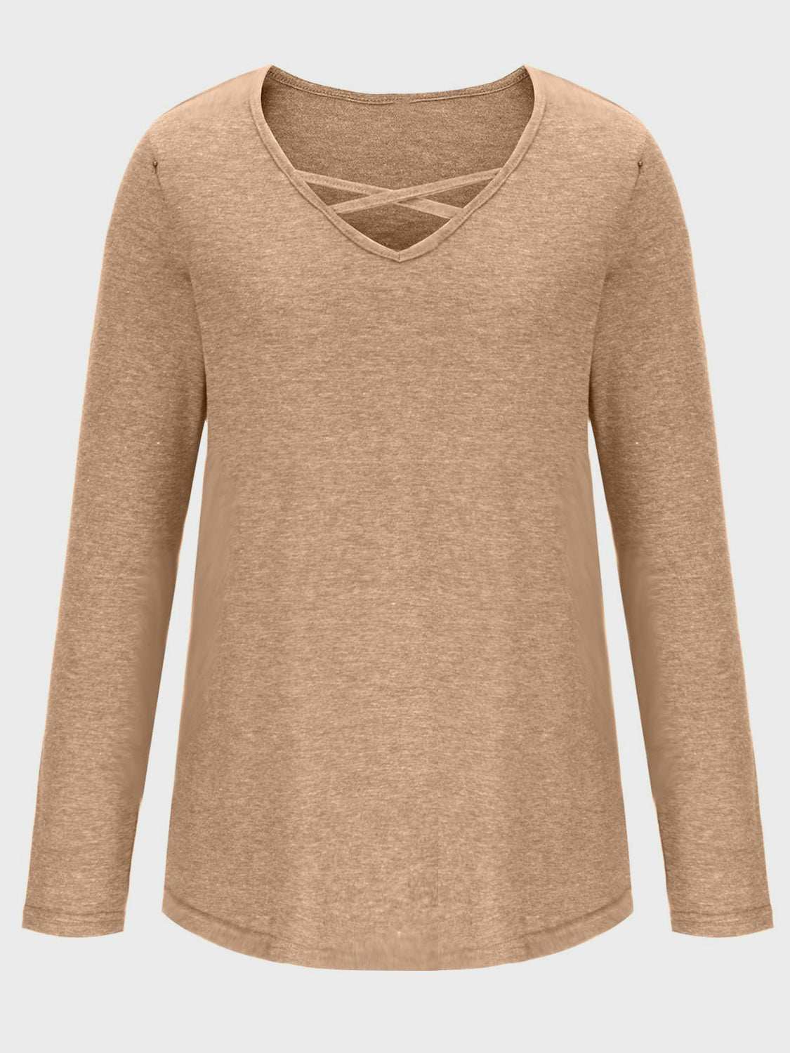 Crisscross V-neck long sleeve T-shirt in beige, slightly stretchy, polyester-spandex blend.