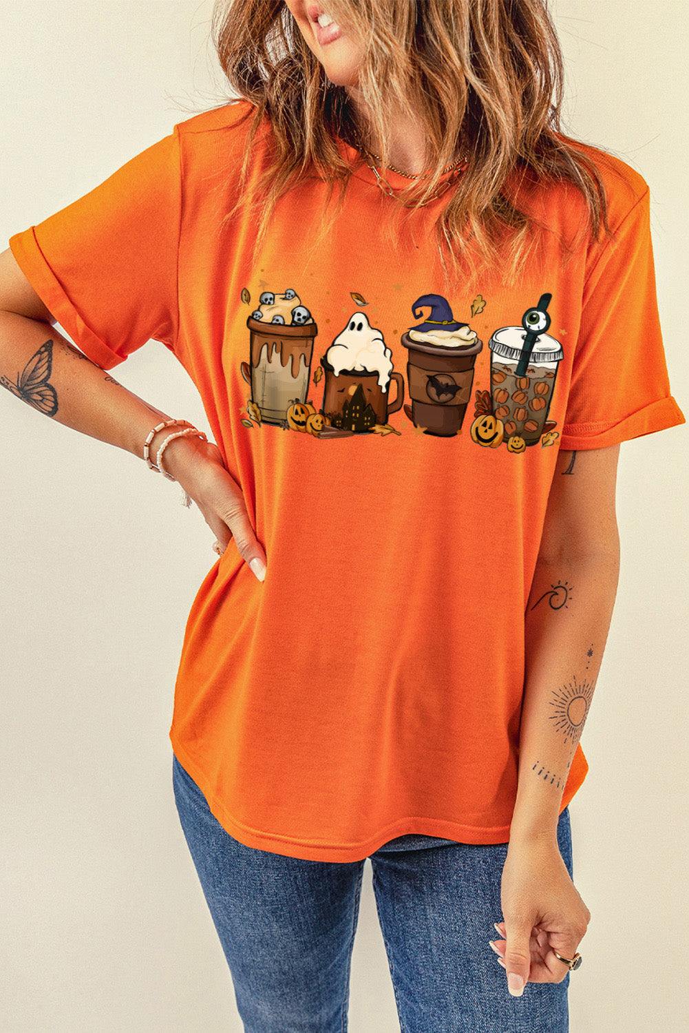 Orange graphic round neck t-shirt with a casual style and unique design, short sleeves, made of polyester and spandex.