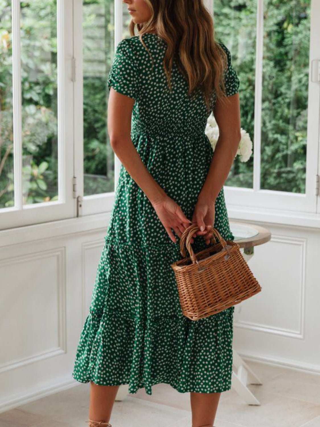 Printed Square Neck Short Sleeve Midi Dress - Securing Secrets Boutique LLC