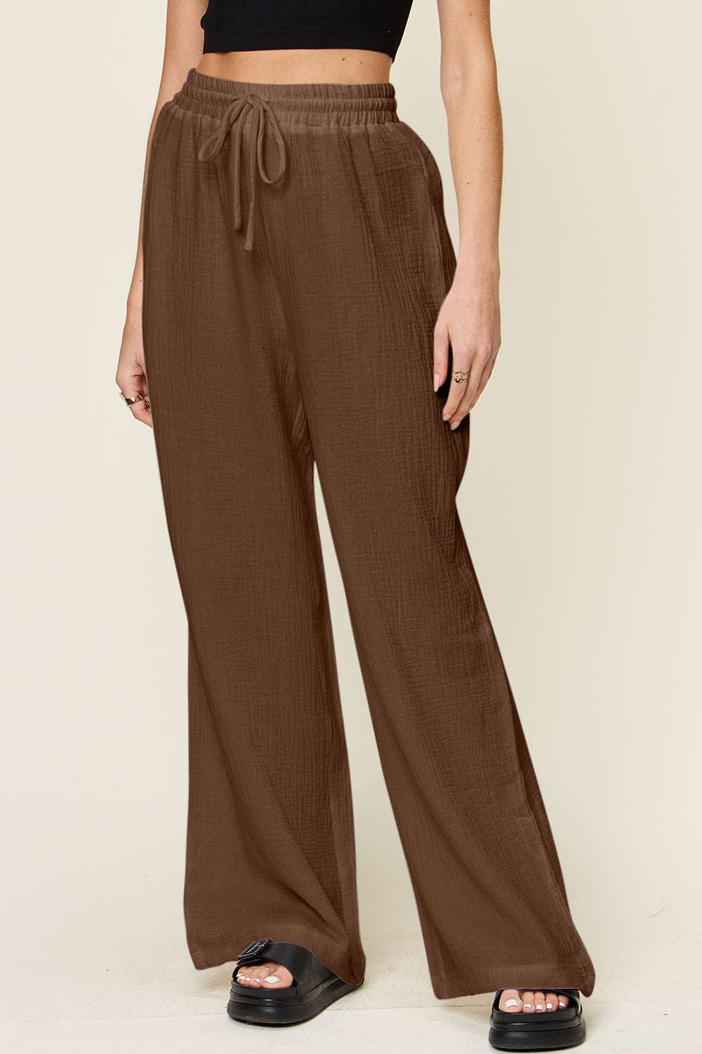 Double Take full-size texture drawstring wide leg pants, 100% cotton, opaque.