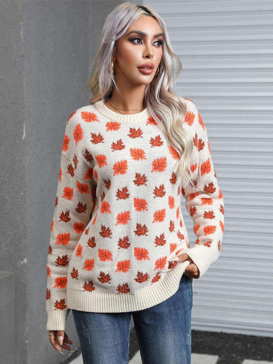 Angel Wings Maple Leaf Round Neck Long Sleeve Sweater with leaf pattern.