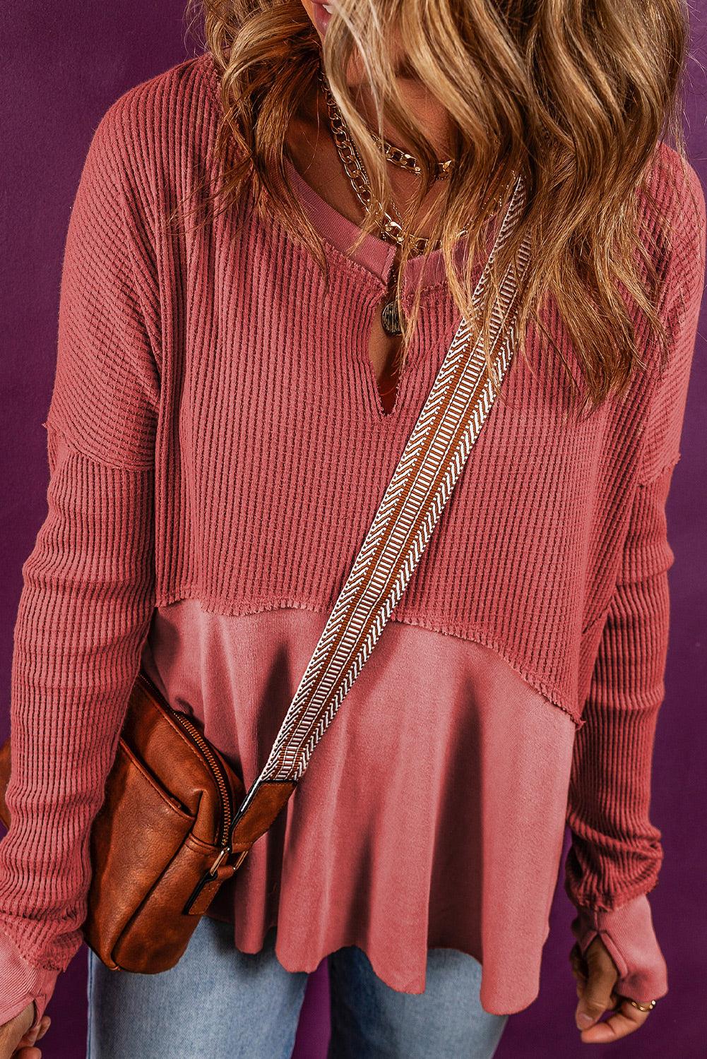 Notched neck long sleeve slit blouse, slightly stretchy, polyester-cotton blend.