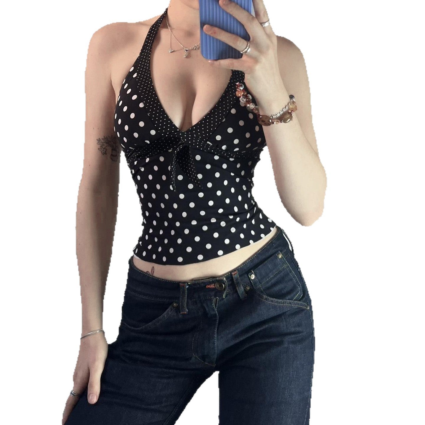 European And American-style Spicy-girl V-neck Figure-flattering Polka-dot Halter Vest