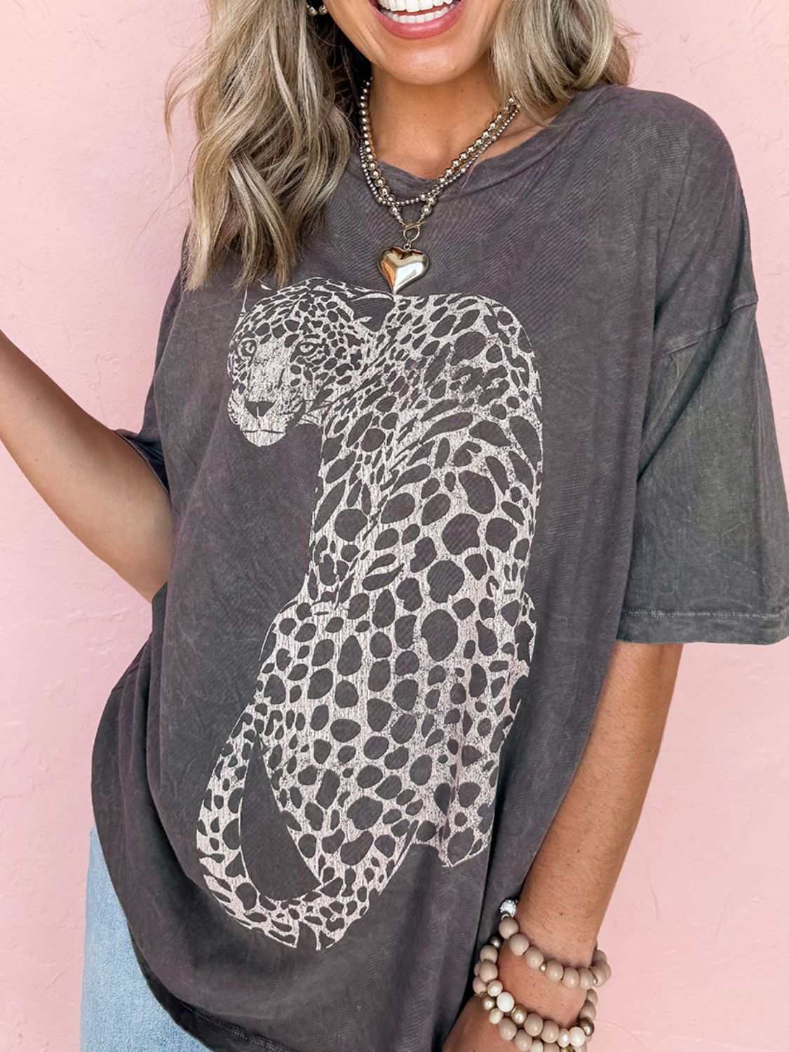 Cheetah Mineral Wash Round Neck Half Sleeve T-Shirt with cheetah graphic design, 100% cotton.