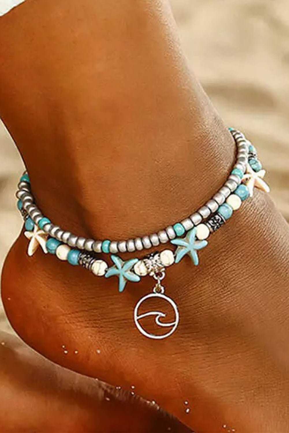 Sky blue beach double-layer anklet with colorful beads, starfish charms, and a wave pendant on ankle