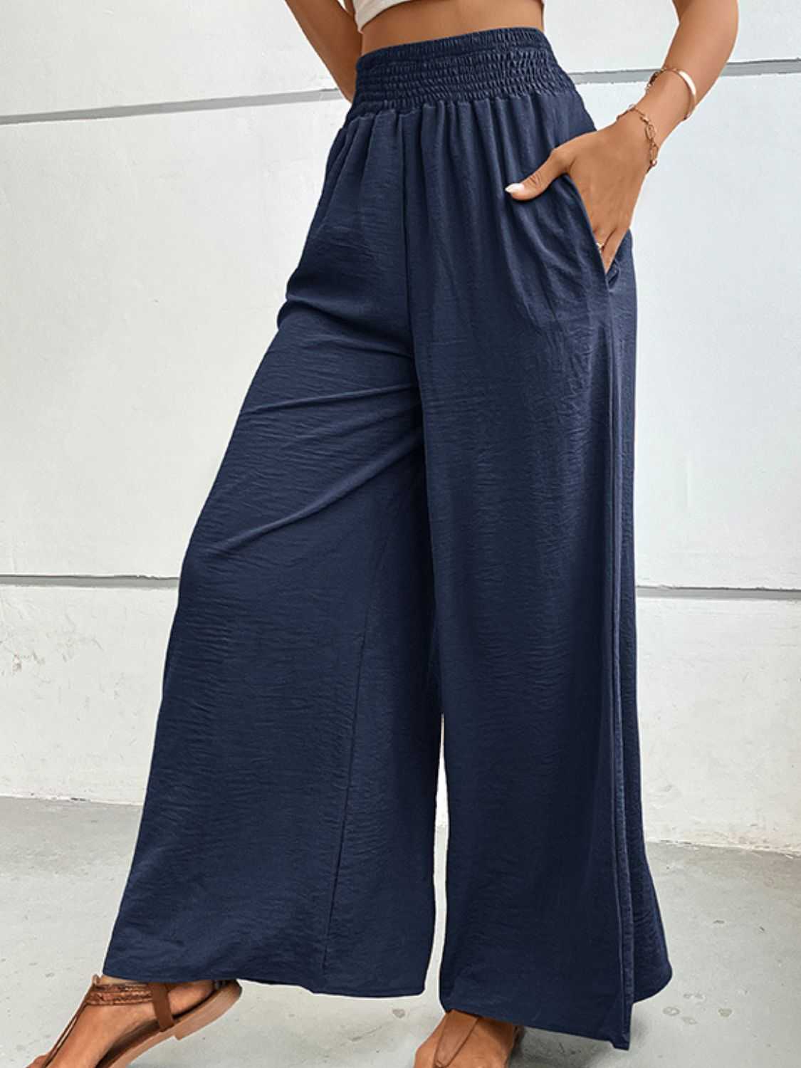 Casual solid color long pants with wide waistband.