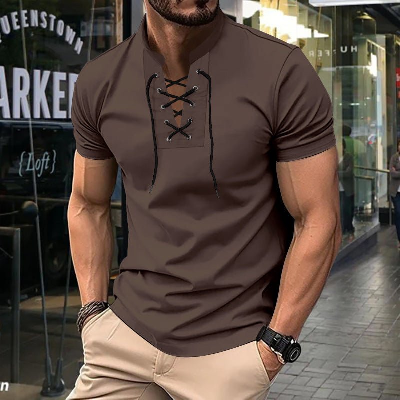 Men's Thin V-neck V-tie Casual Sporty Short Sleeve