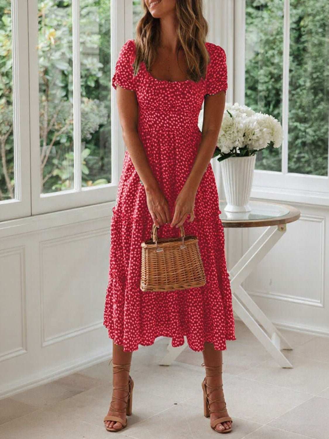 Printed Square Neck Short Sleeve Midi Dress - Securing Secrets Boutique LLC