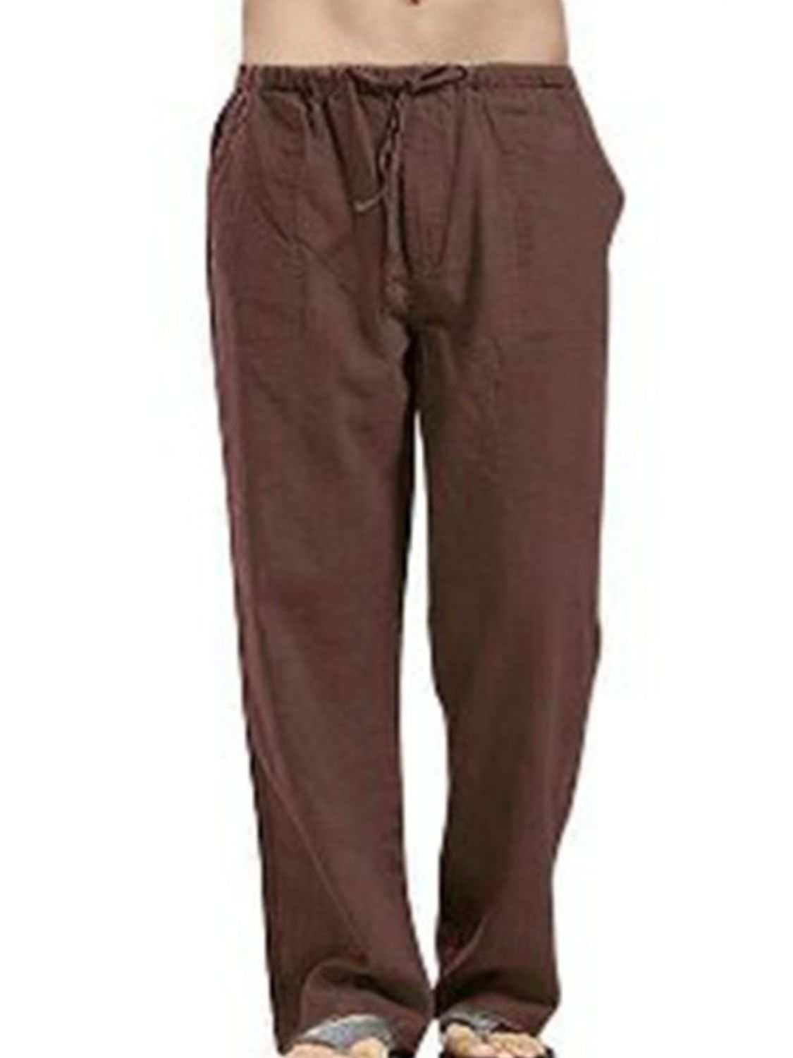 Men's full size drawstring straight leg pants in brown, basic style, cotton blend.