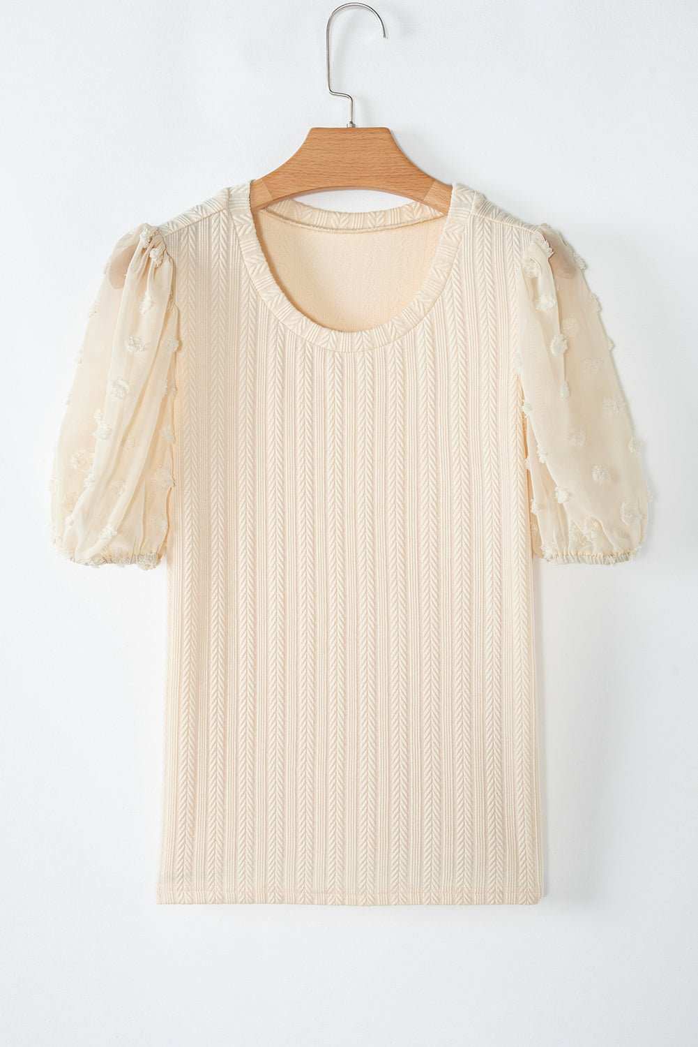 Apricot Polka Dot Mesh Puff Sleeve Textured Blouse