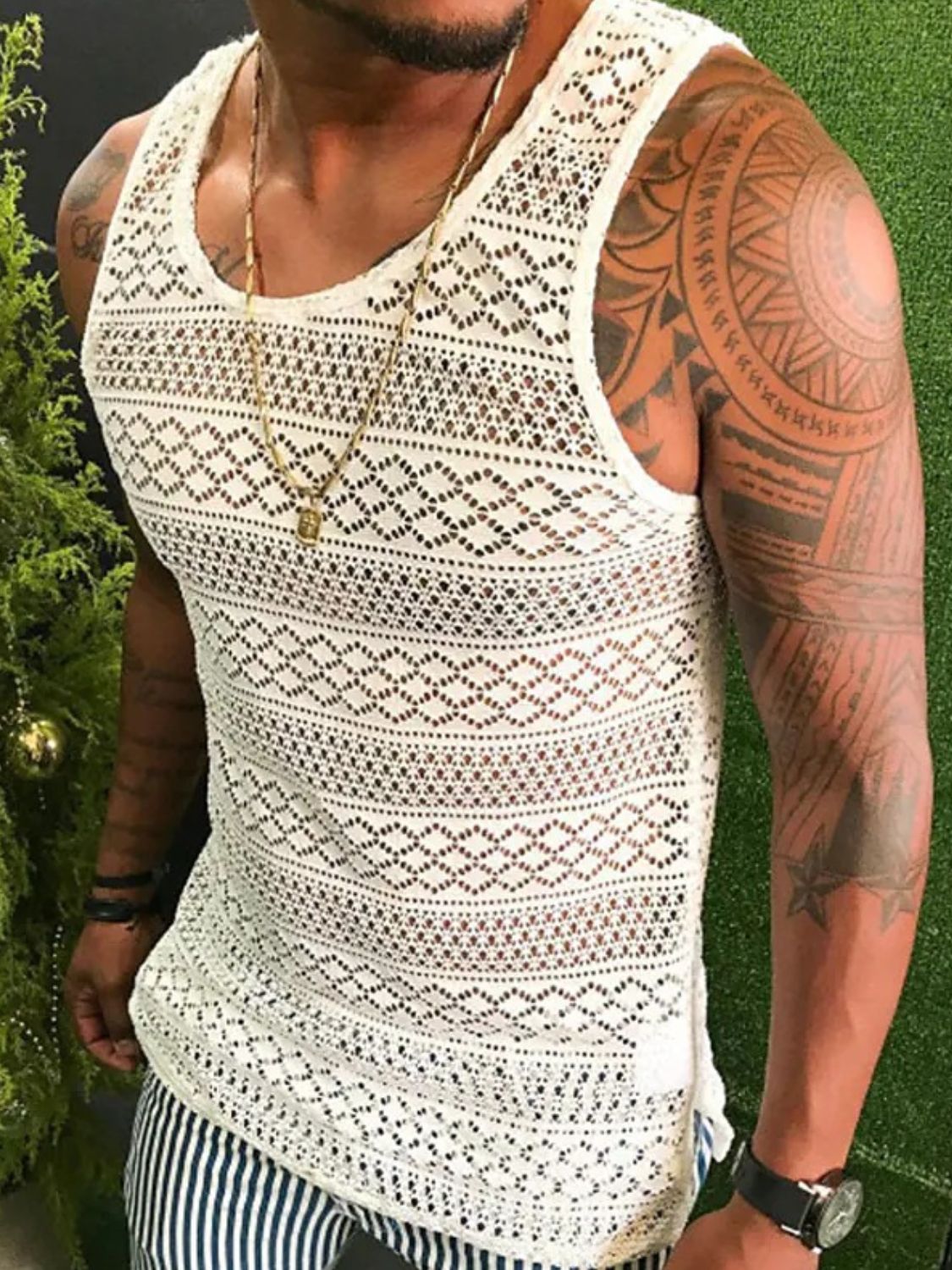 Men's Full Size Openwork Round Neck Tank Plus Size - Securing Secrets Boutique LLC