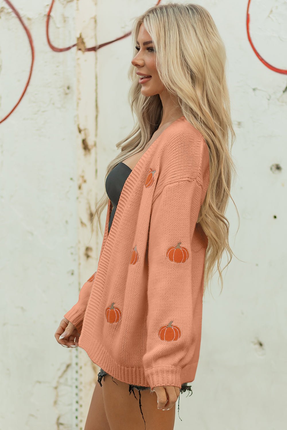 Straw Yellow Pumpkin Tree Print Open Front Drop Shoulder Midi Cardigan