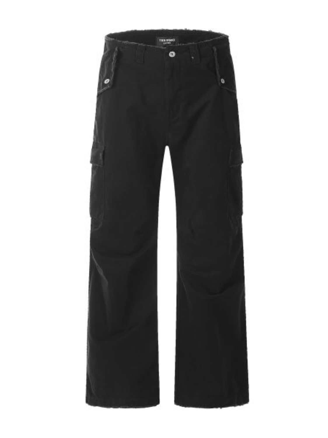 Men's straight leg cargo pants in black with a basic style, featuring multiple pockets.