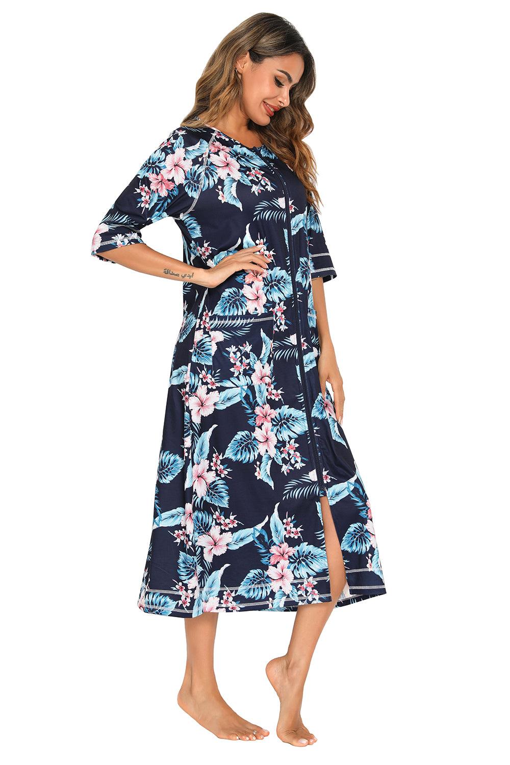 Printed slit night dress with pockets in floral design, made of cotton, polyester, and spandex.