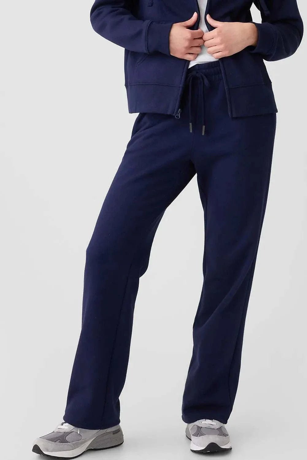 Drawstring pants with pockets, polyester-cotton blend, shown in navy blue.