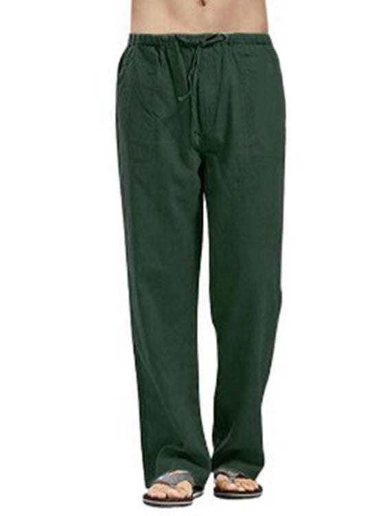 Men's full-size drawstring straight leg pants in dark green, basic style.