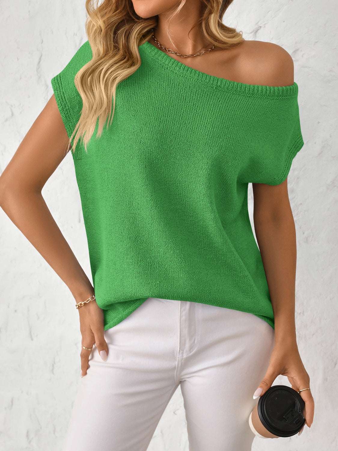 Mandy Boat Neck Short Sleeve Knit Top in green, featuring a basic style and moderate stretch, made from polyester, viscose, and elastane.