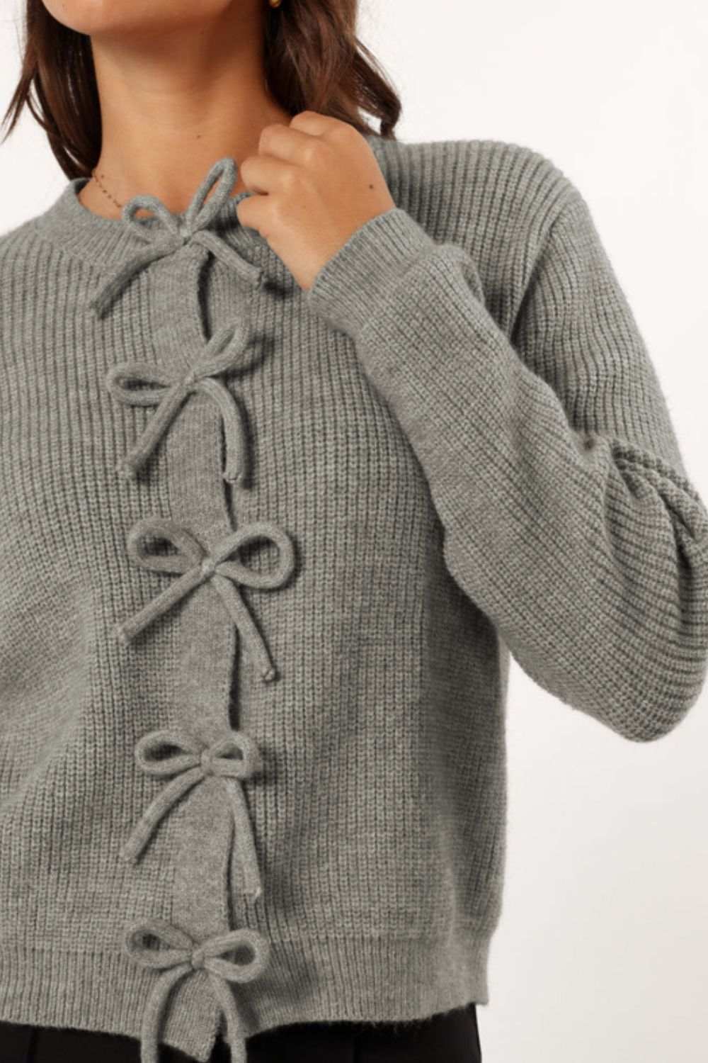 Bow Round Neck Long Sleeve Cardigan in grey with bow detailing on the front.