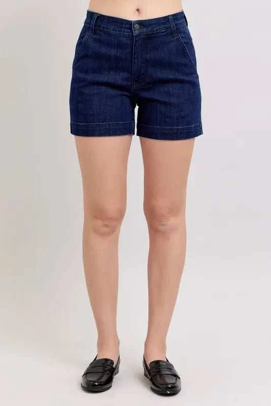 Judy Blue high waist denim shorts with a high-rise silhouette and pockets, styled for versatile outfits.