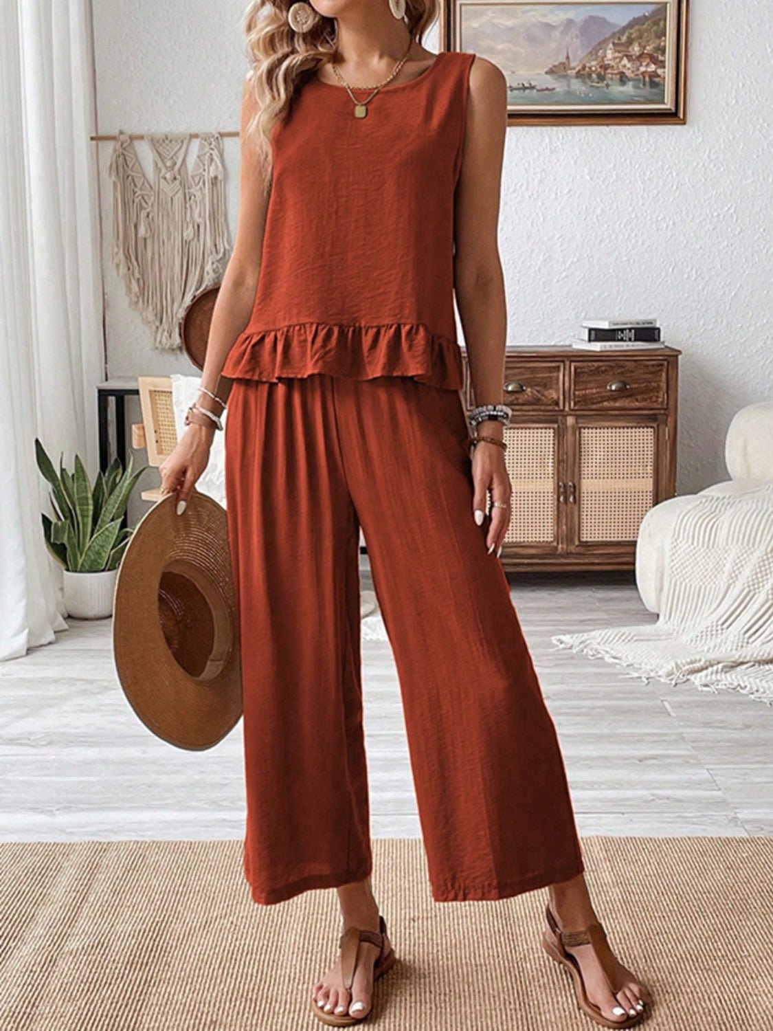 Ruffled Round Neck Top and Wide Leg Pants Set - Securing Secrets Boutique LLC