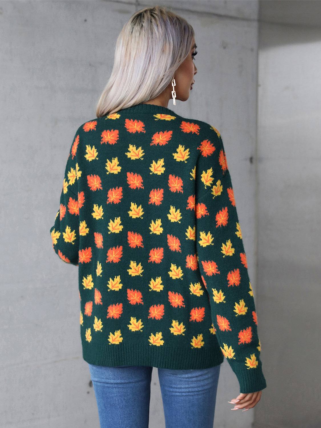 Angel Wings Maple Leaf Round Neck Long Sleeve Sweater with leaf pattern.