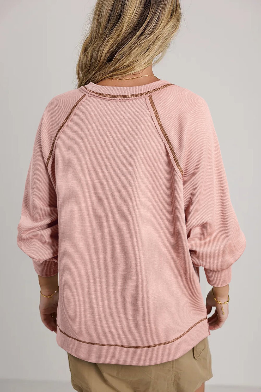 Black Exposed Seam Textured Knit V Neck Pullover Top