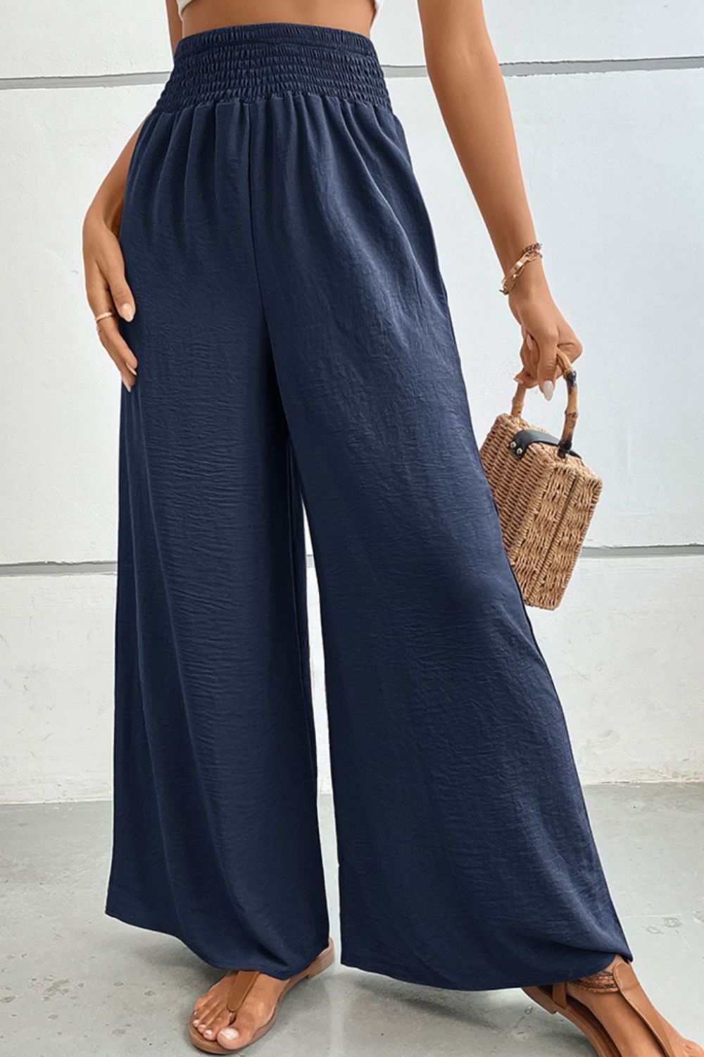 Wide waistband relax fit long pants in solid navy, casual style.
