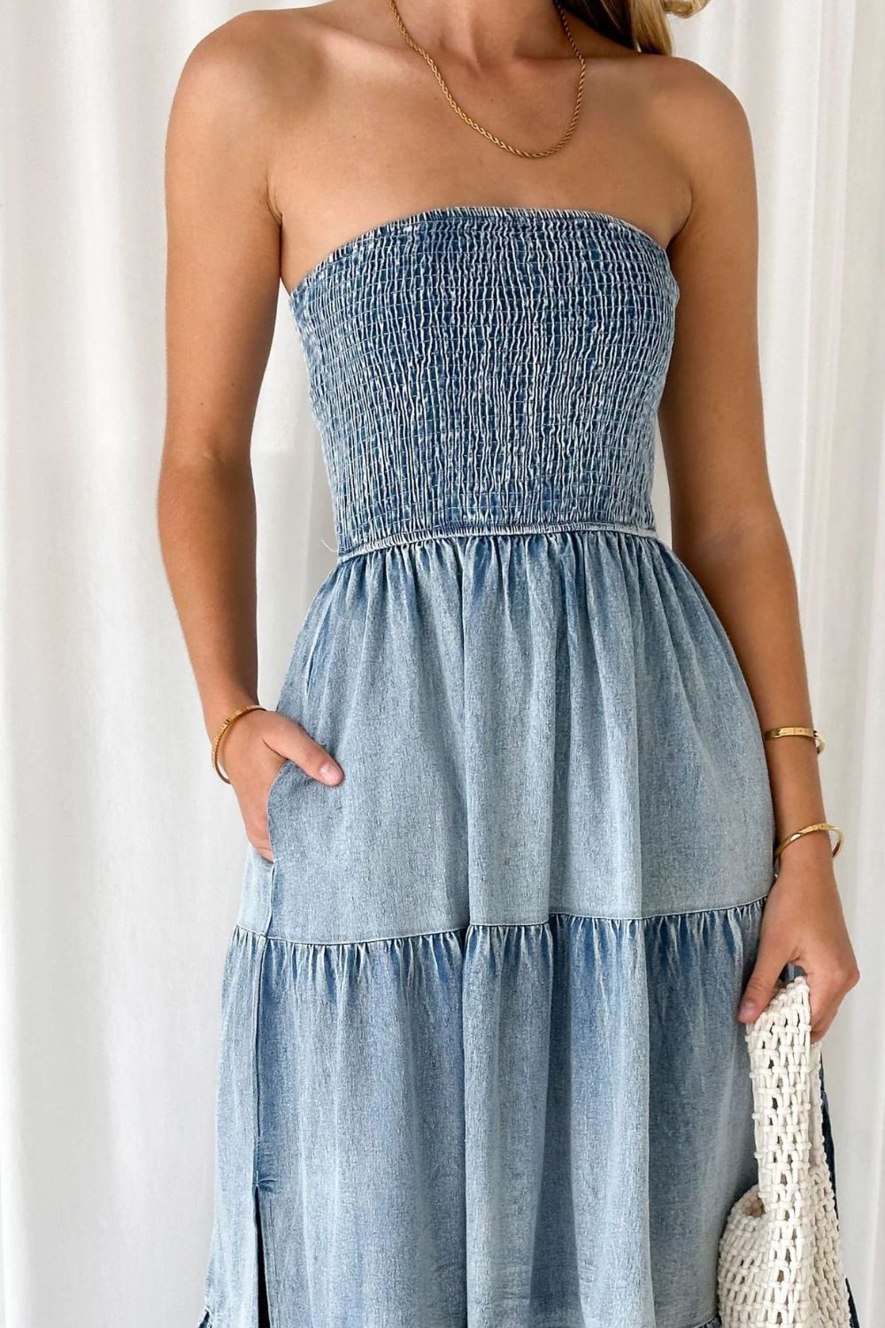 Smocked Tube Slit Tiered Denim Dress - Securing Secrets Boutique LLC