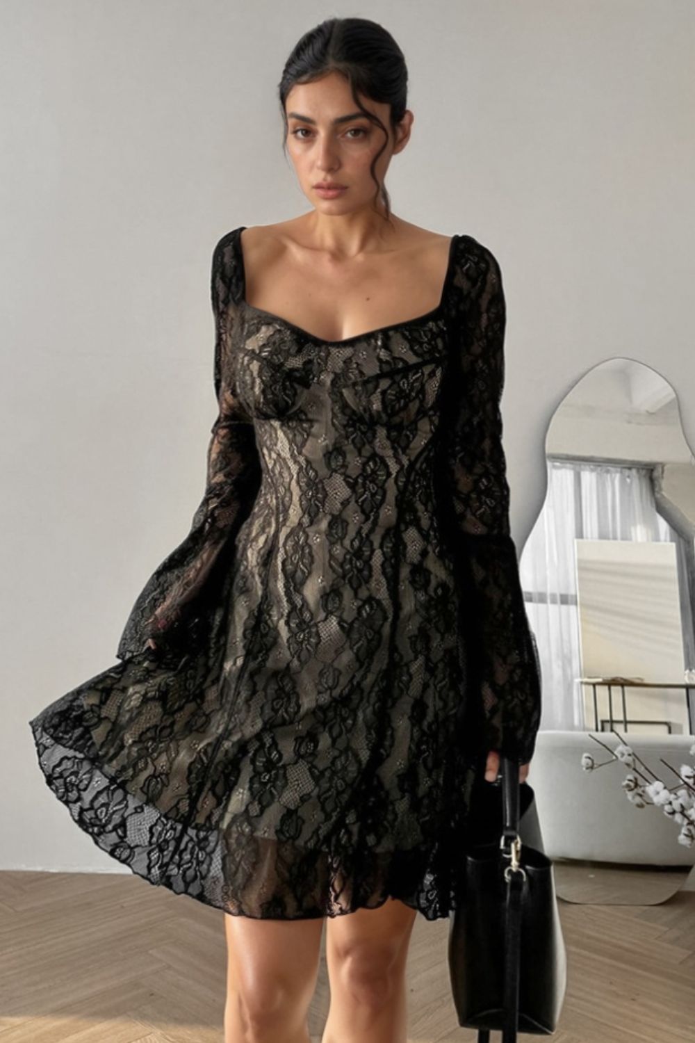 Lace Sweetheart Neck Flare Sleeve Mini Dress - Securing Secrets Boutique LLC