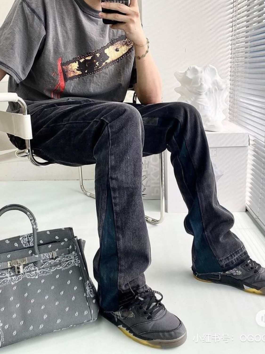 Men's Washed Bootcut Jeans with no stretch, cotton-polyester blend.