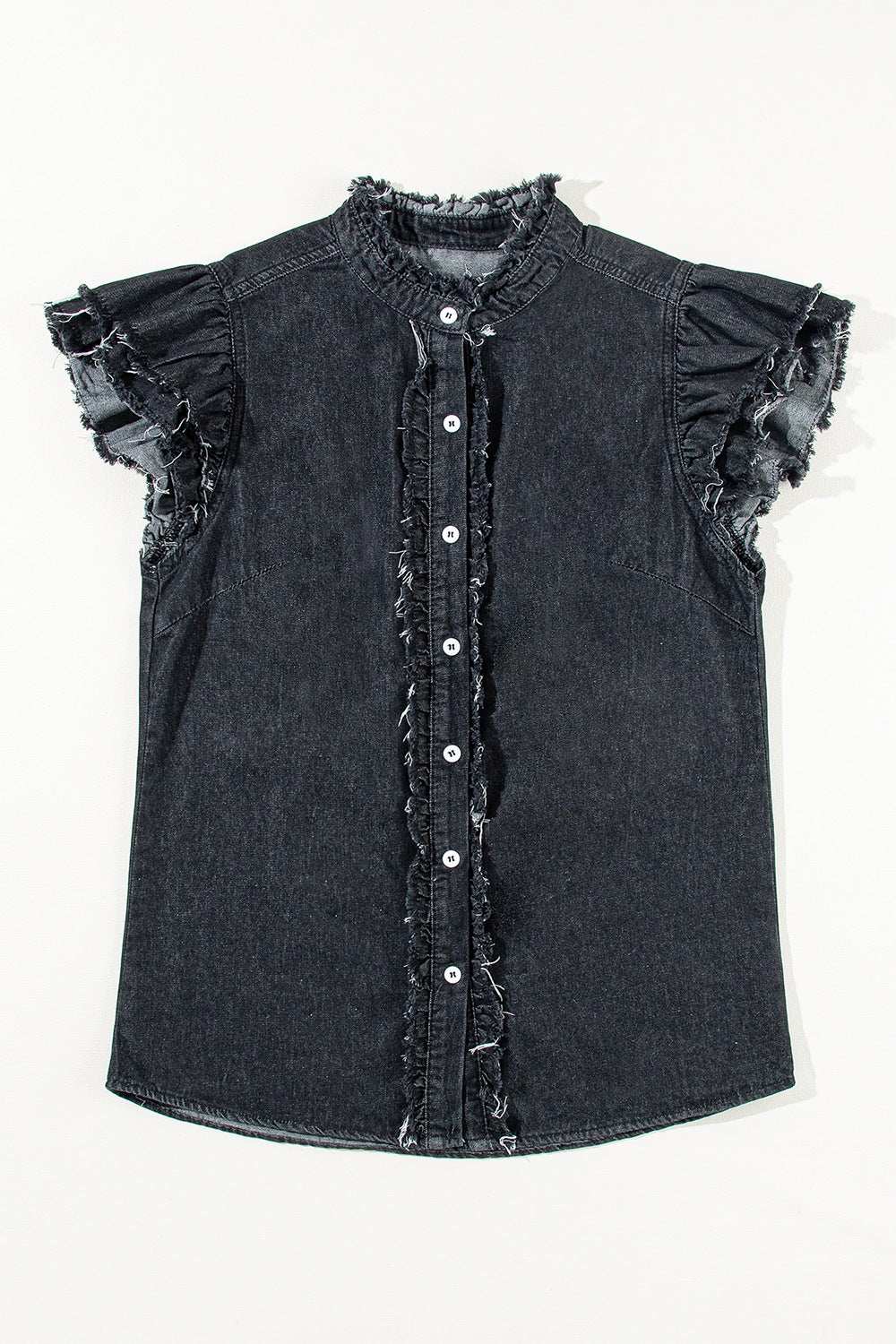 Button Down Raw Hem Ruffled Denim Shirt, 100% cotton, featuring buttoned front and raw hem detailing.