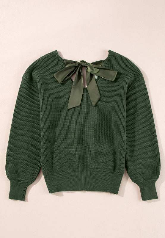 Green tied back V-neck long sleeve sweater with bow detail.