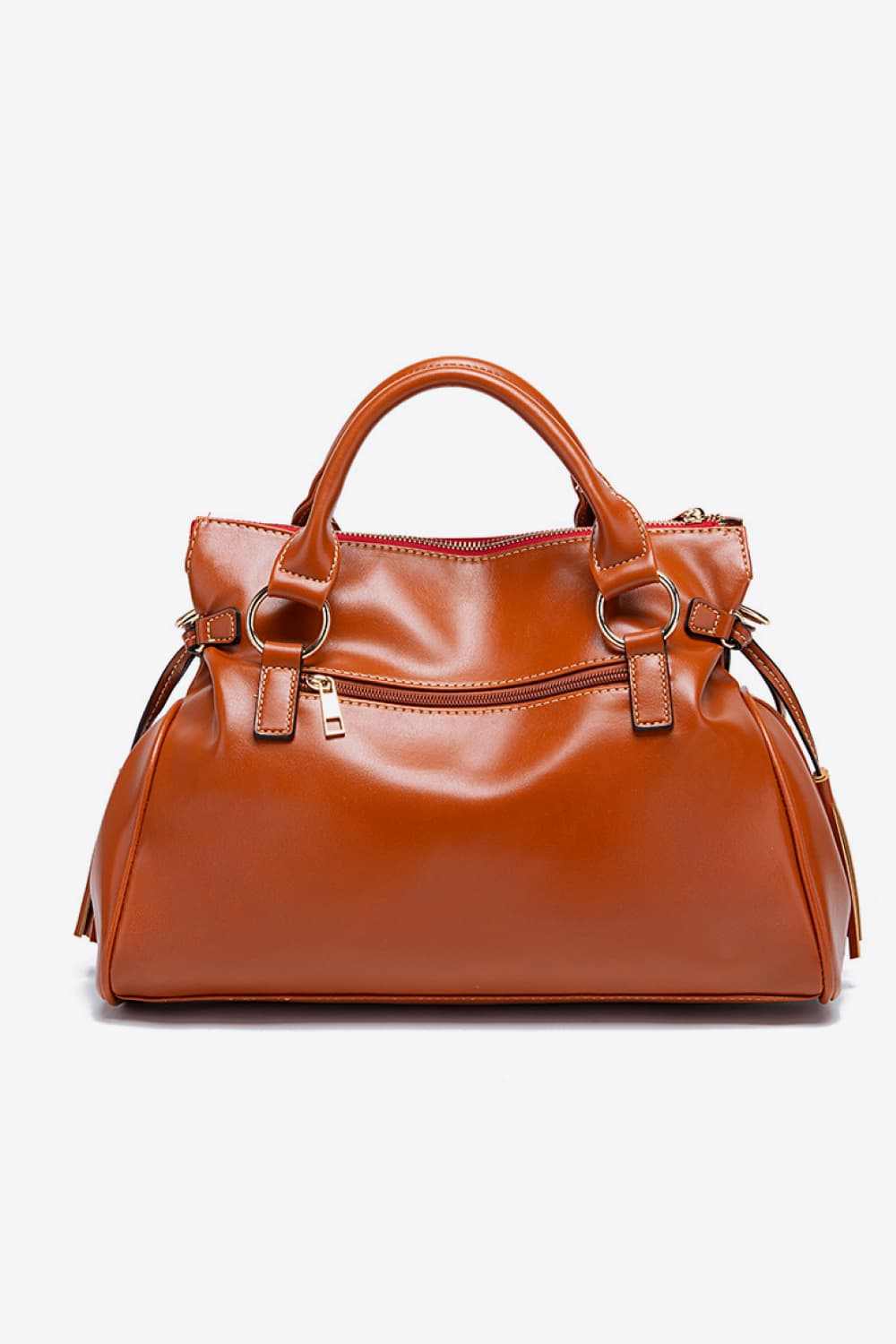 PU leather handbag with tassels in large size, brown color, featuring dual handles and a sleek design.